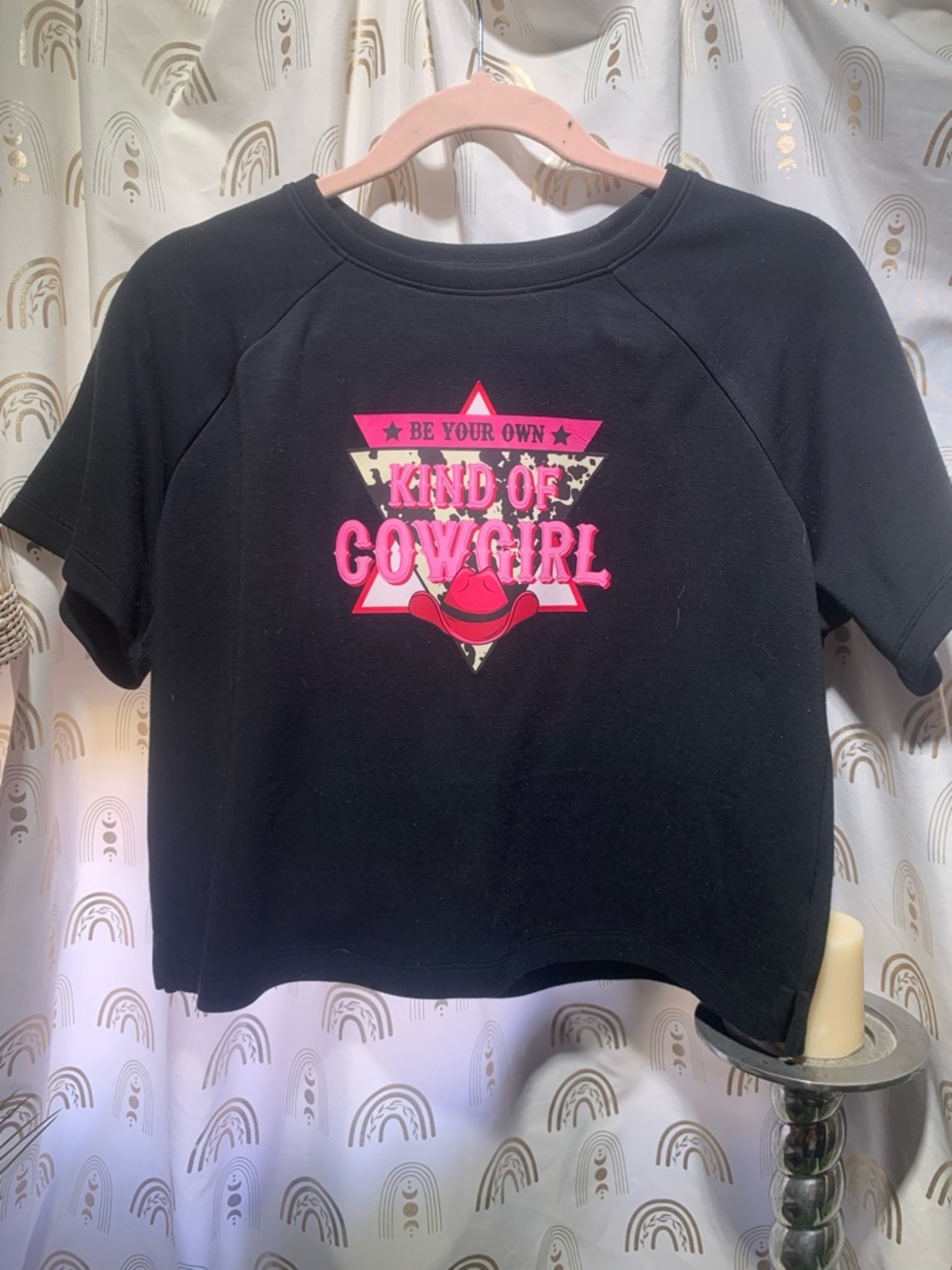 STYLUS Black Short Sleeve 'Kind of Cowgirl' Graphic Top - Pink Accents